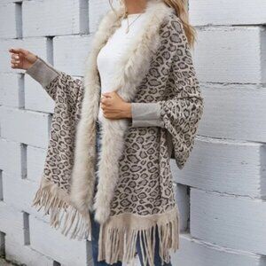 Cozy vegan fur leopard print tassel poncho cardigan